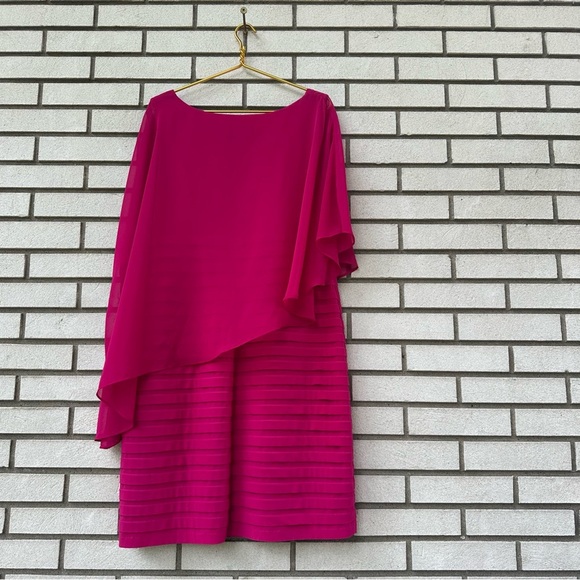 Adrianna Papell Magenta Chiffon Overlay Shutter Pleat Sheath Dress 16W Wedding - Picture 7 of 10